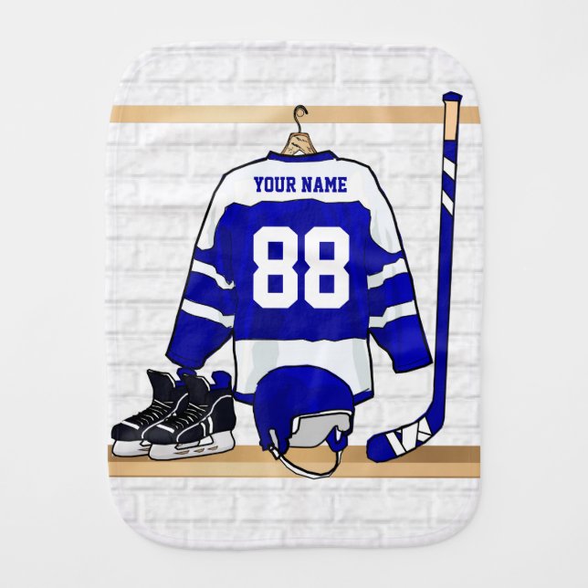 Personalized Blue and White Ice Hockey Jersey Baby Burp Cloth (Front)