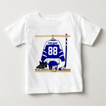 Personalized Blue And White Ice Hockey Jersey Baby T-shirt by giftsbonanza at Zazzle