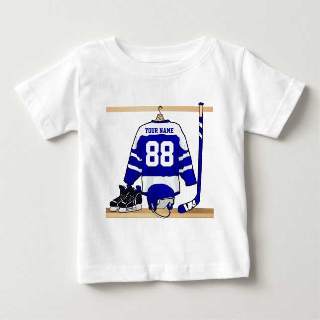 Personalized Blue and White Ice Hockey Jersey Baby T-Shirt (Front)