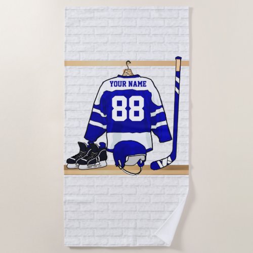 Personalized Blue and White Ice Hockey Jersey Beach Towel