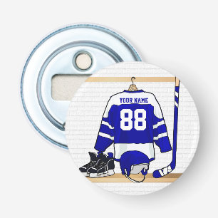 Personalized Blue and White Ice Hockey Jersey Bottle Opener