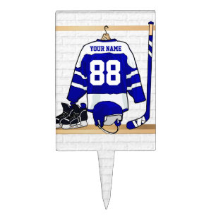Personalized Blue and White Ice Hockey Jersey Cake Topper