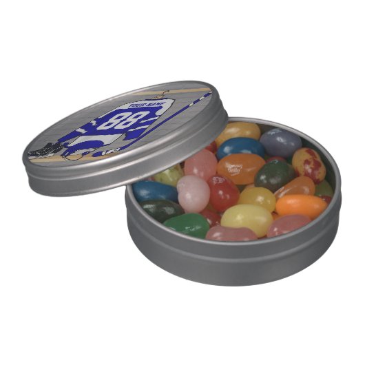 Personalized Blue and White Ice Hockey Jersey Candy Tin (Opened)