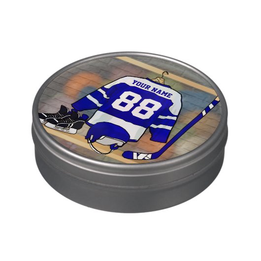 Personalized Blue and White Ice Hockey Jersey Candy Tin (Side)
