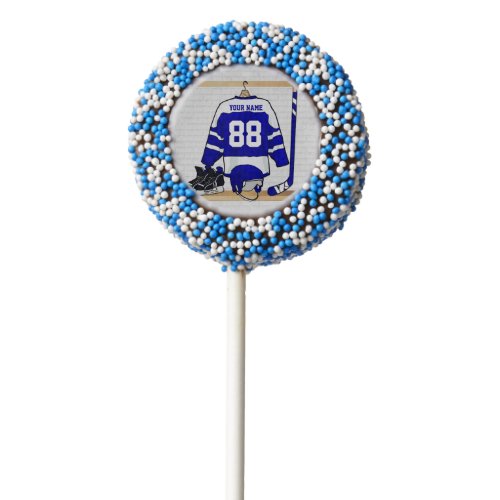 Personalized Blue and White Ice Hockey Jersey Chocolate Covered Oreo Pop