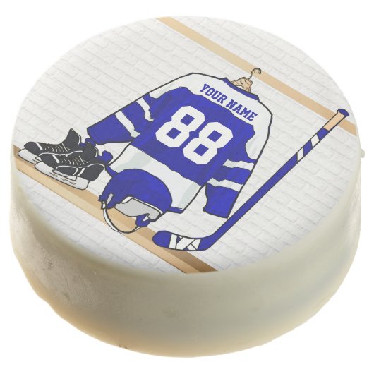Personalized Blue and White Ice Hockey Jersey Chocolate Dipped Oreo (Angled)