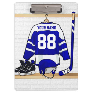 Personalized Blue and White Ice Hockey Jersey Clipboard