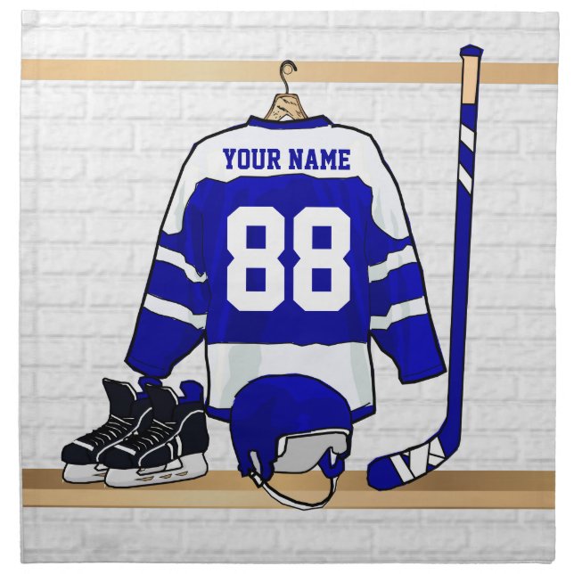 Personalized Blue and White Ice Hockey Jersey Cloth Napkin (Front)