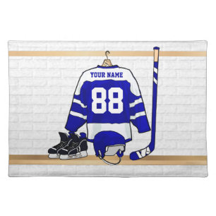 Personalized Blue and White Ice Hockey Jersey Cloth Placemat