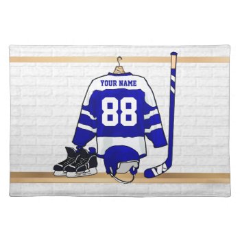 Personalized Blue And White Ice Hockey Jersey Cloth Placemat by giftsbonanza at Zazzle