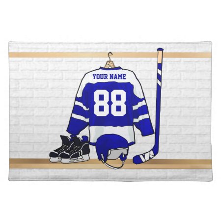 Personalized Blue And White Ice Hockey Jersey Cloth Placemat