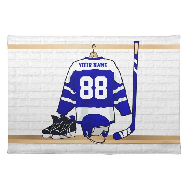 Personalized Blue and White Ice Hockey Jersey Cloth Placemat (Front)