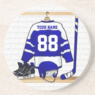 Personalized Blue and White Ice Hockey Jersey Coaster