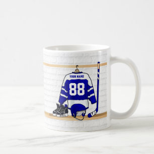 Personalized Blue and White Ice Hockey Jersey Coffee Mug