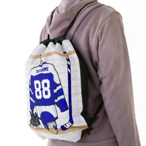 Personalized Blue and White Ice Hockey Jersey Drawstring Bag