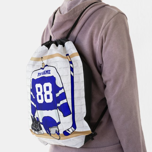 Personalized Blue and White Ice Hockey Jersey Drawstring Bag (Insitu)