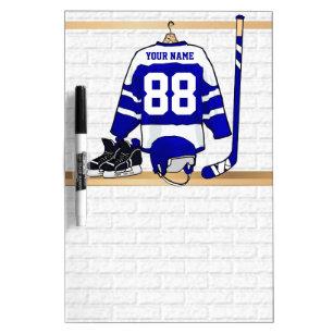 Personalized Blue and White Ice Hockey Jersey Dry Erase Board