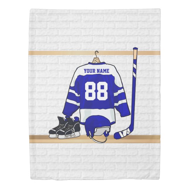 Personalized Blue and White Ice Hockey Jersey Duvet Cover (Front)