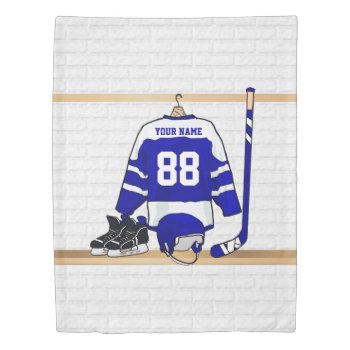 Personalized Blue And White Ice Hockey Jersey Duvet Cover by giftsbonanza at Zazzle
