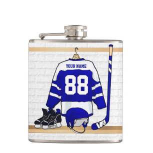 Personalized Blue and White Ice Hockey Jersey Flask