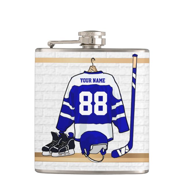 Personalized Blue and White Ice Hockey Jersey Flask (Front)