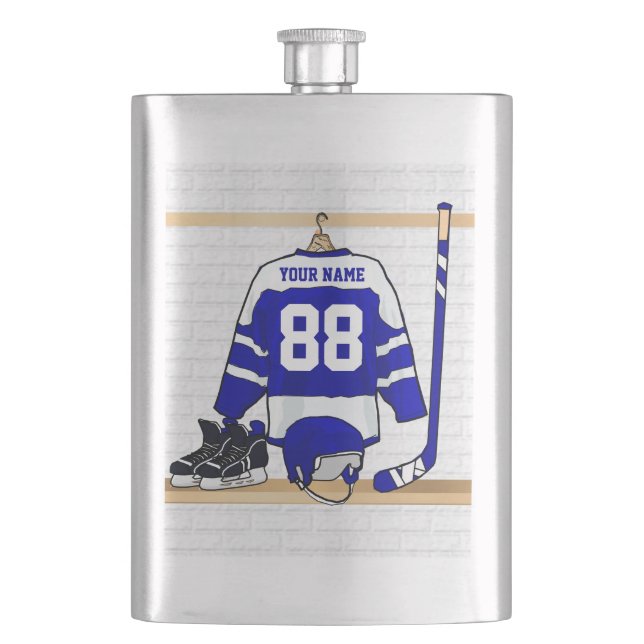 Personalized Blue and White Ice Hockey Jersey Flask (Front)