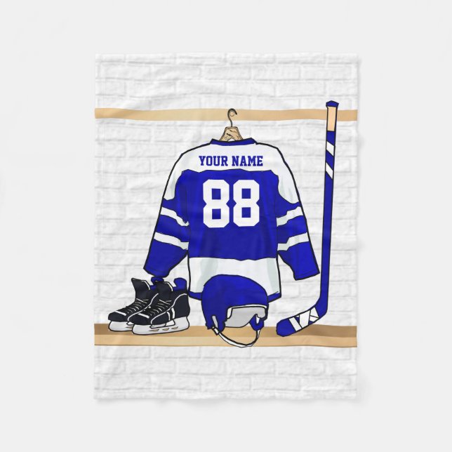 Personalized Blue and White Ice Hockey Jersey Fleece Blanket (Front)