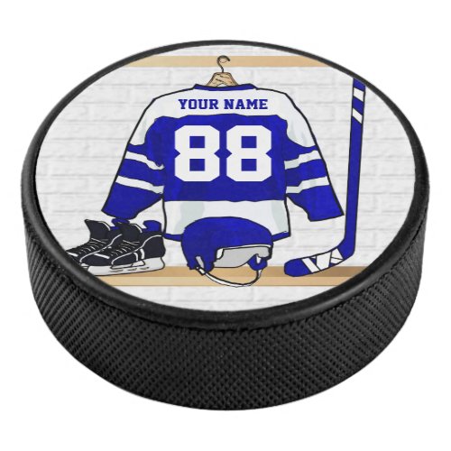 Personalized Blue and White Ice Hockey Jersey Hockey Puck