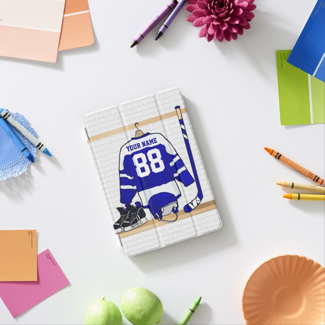 Personalized Blue and White Ice Hockey Jersey iPad Mini Cover (In Situ)
