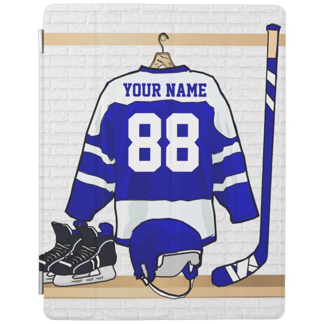 Personalized Blue and White Ice Hockey Jersey iPad Smart Cover (Front)