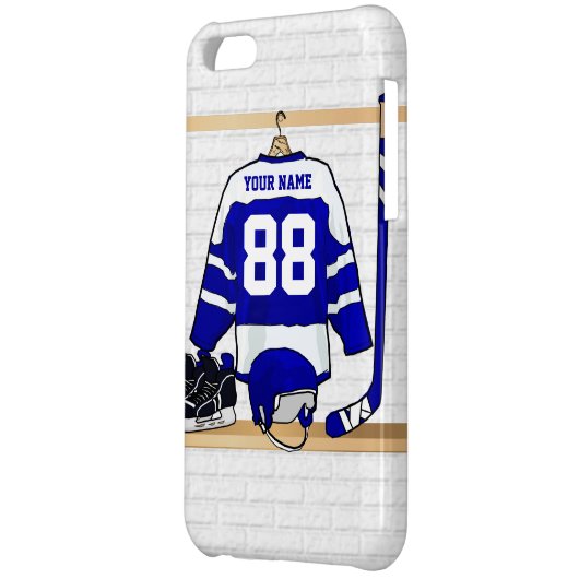 Personalized Blue and White Ice Hockey Jersey iPhone Case (Back Left)