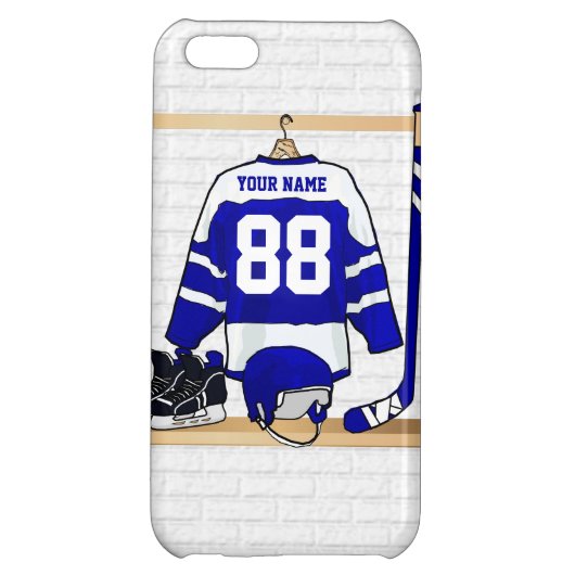 Personalized Blue and White Ice Hockey Jersey iPhone Case (Back)