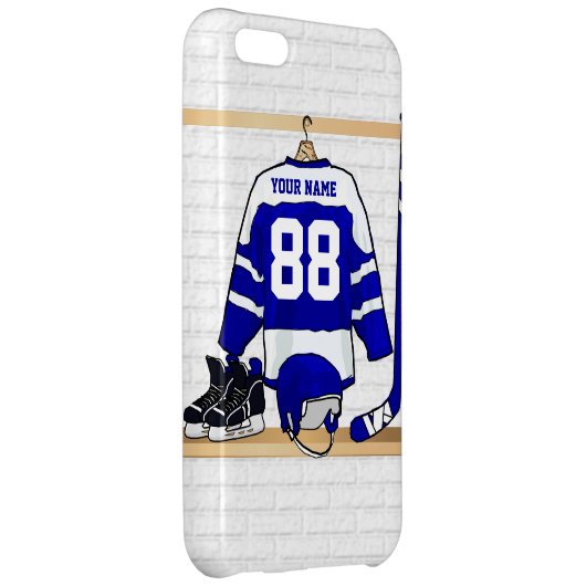 Personalized Blue and White Ice Hockey Jersey iPhone Case (Back Right)