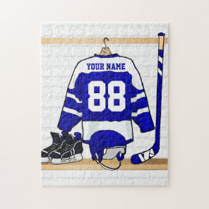 Personalized Blue and White Ice Hockey Jersey Jigsaw Puzzle