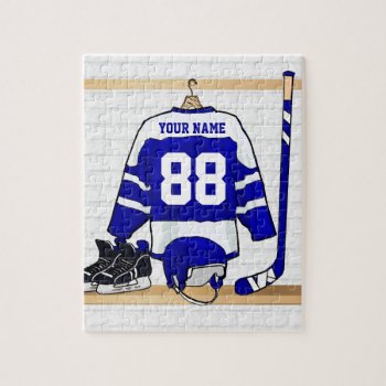 Personalized Blue And White Ice Hockey Jersey Jigsaw Puzzle by giftsbonanza at Zazzle