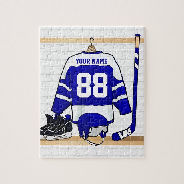 Personalized Blue and White Ice Hockey Jersey Jigsaw Puzzle (Vertical)