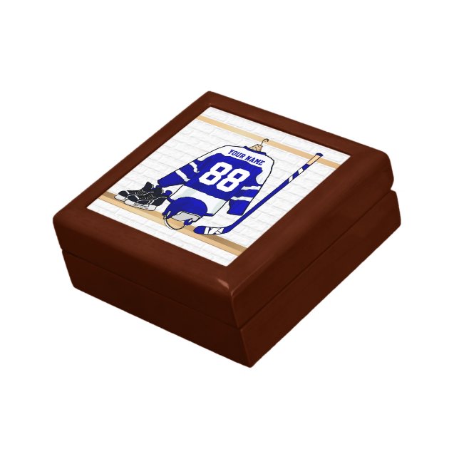 Personalized Blue and White Ice Hockey Jersey Keepsake Box (Side)