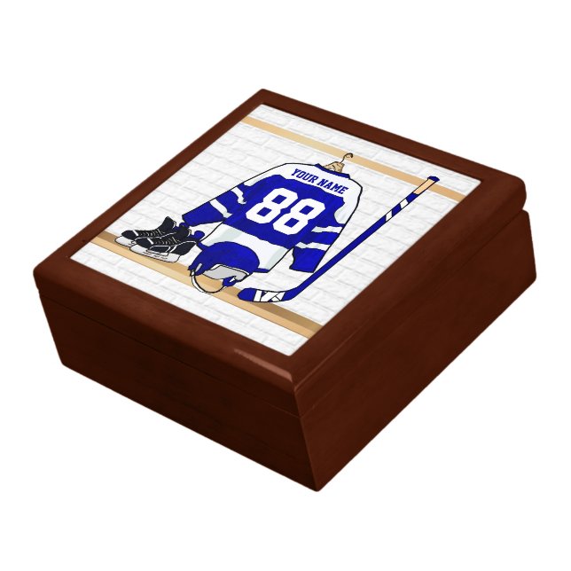 Personalized Blue and White Ice Hockey Jersey Keepsake Box (Side)