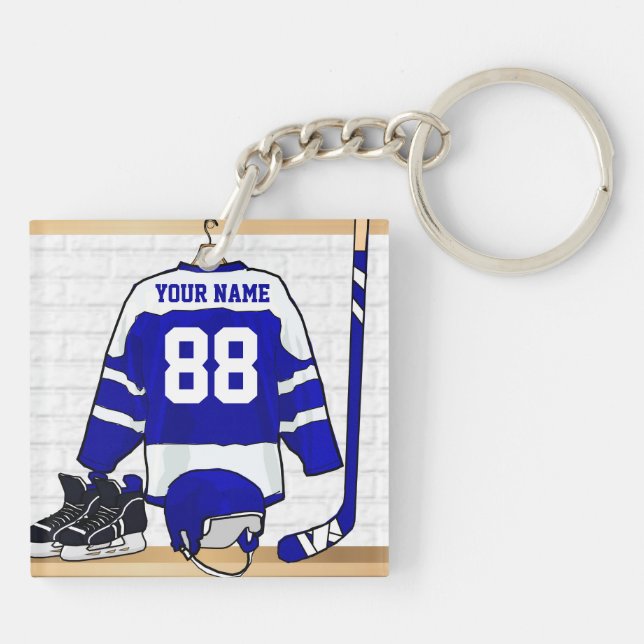 Personalized Blue and White Ice Hockey Jersey Keychain (Back)