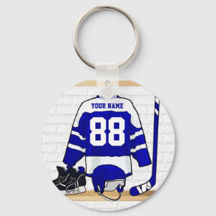Personalized Blue and White Ice Hockey Jersey Keychain