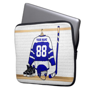 Personalized Blue and White Ice Hockey Jersey Laptop Sleeve