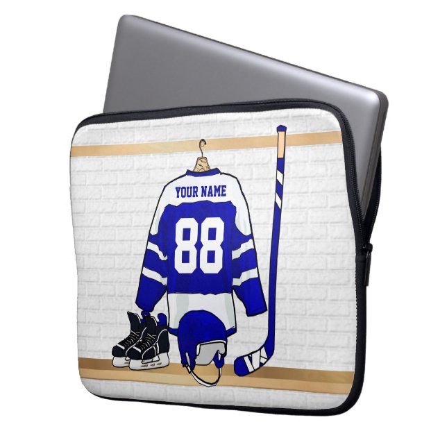 Personalized Blue and White Ice Hockey Jersey Laptop Sleeve (Front Left)