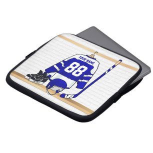 Personalized Blue and White Ice Hockey Jersey Laptop Sleeve