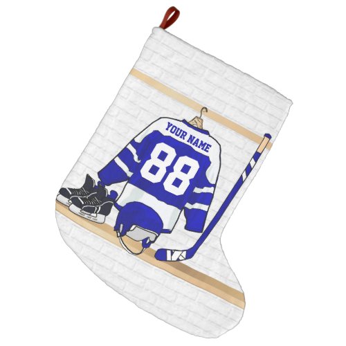 Personalized blue and White Ice Hockey Jersey Large Christmas Stocking