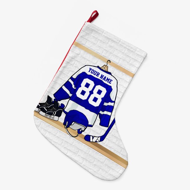 Personalized blue and White Ice Hockey Jersey Large Christmas Stocking (Front (Hanging))