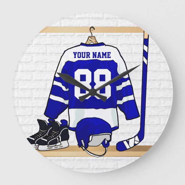 Personalized Blue and White Ice Hockey Jersey Large Clock (Front)