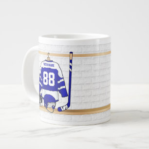 Personalized Blue and White Ice Hockey Jersey Large Coffee Mug