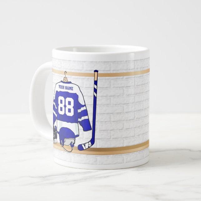 Personalized Blue and White Ice Hockey Jersey Large Coffee Mug (Front Left)