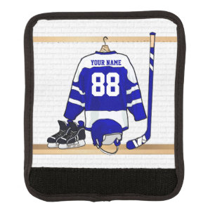 Personalized Blue and White Ice Hockey Jersey Luggage Handle Wrap