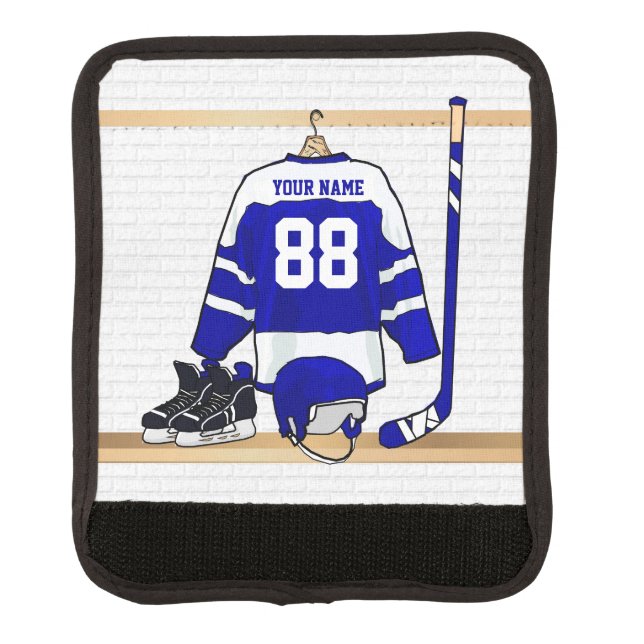 Personalized Blue and White Ice Hockey Jersey Luggage Handle Wrap (Front)